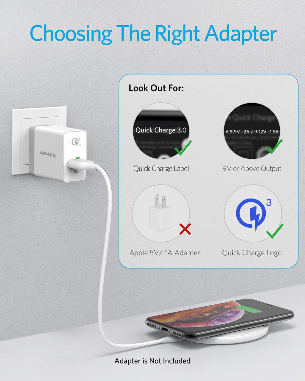 Adaptor selection guide with smartphone charging on a gray background