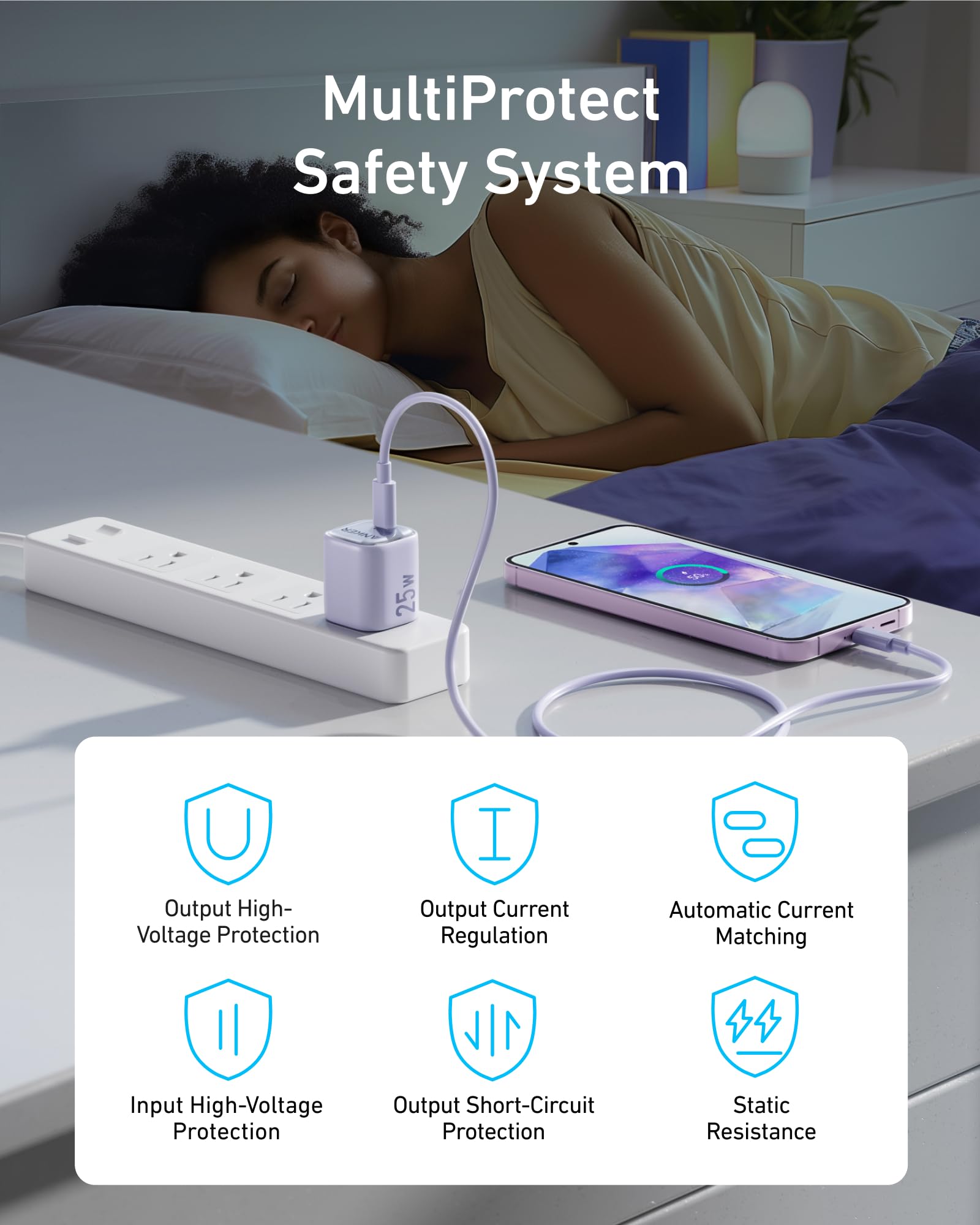 Person lying in bed with a smartphone and power adapter, featuring the MultiProtect Safety System text.