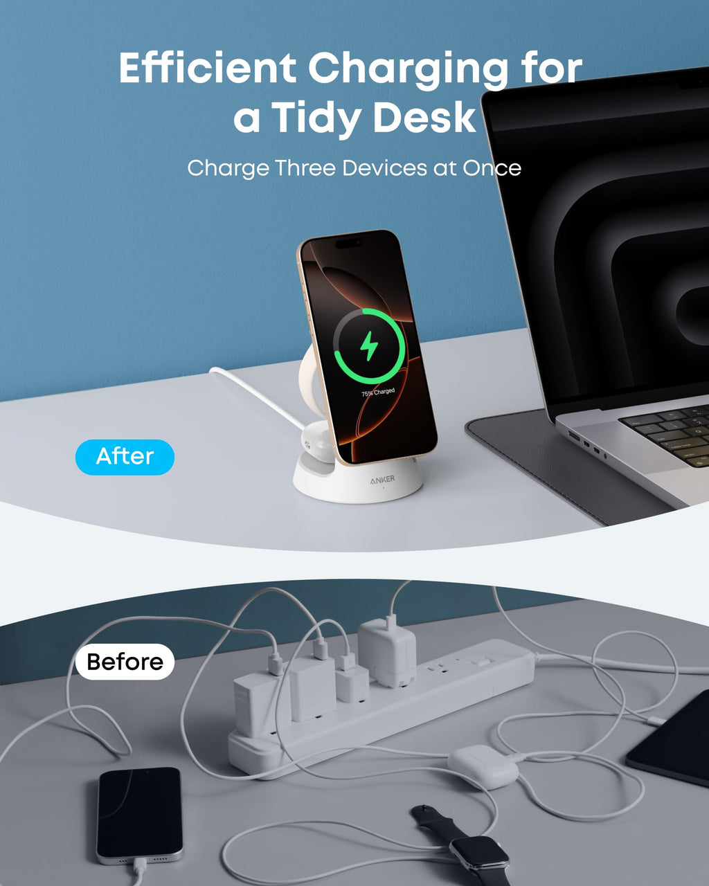 Before and after comparison of a tidy desk setup with efficient charging solution.