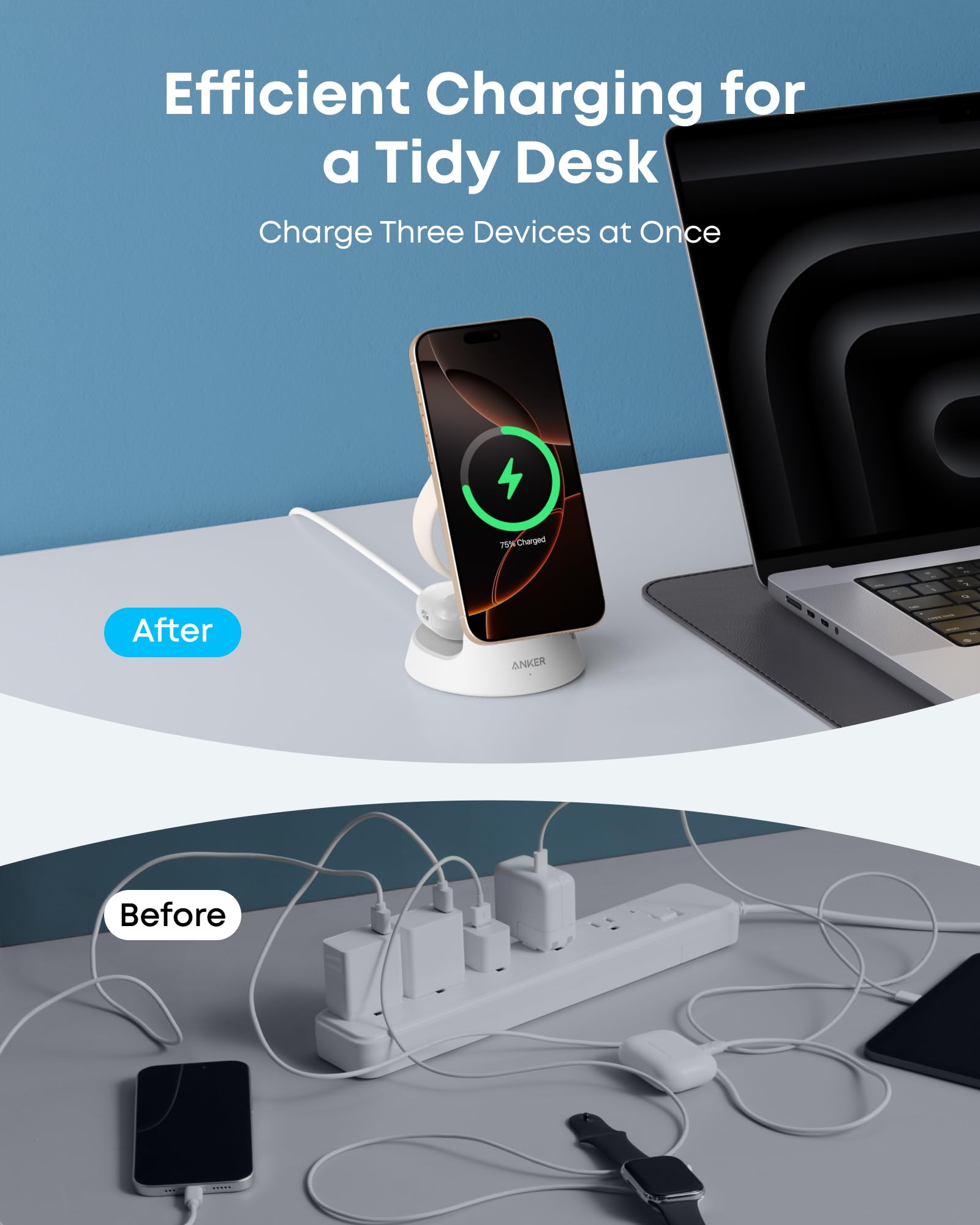 Before and after comparison of a tidy desk setup with efficient charging solution.
