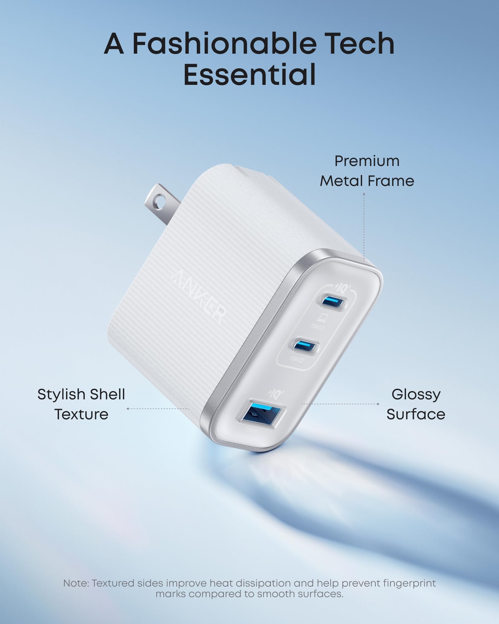 White USB charger with text highlighting features on a light blue background