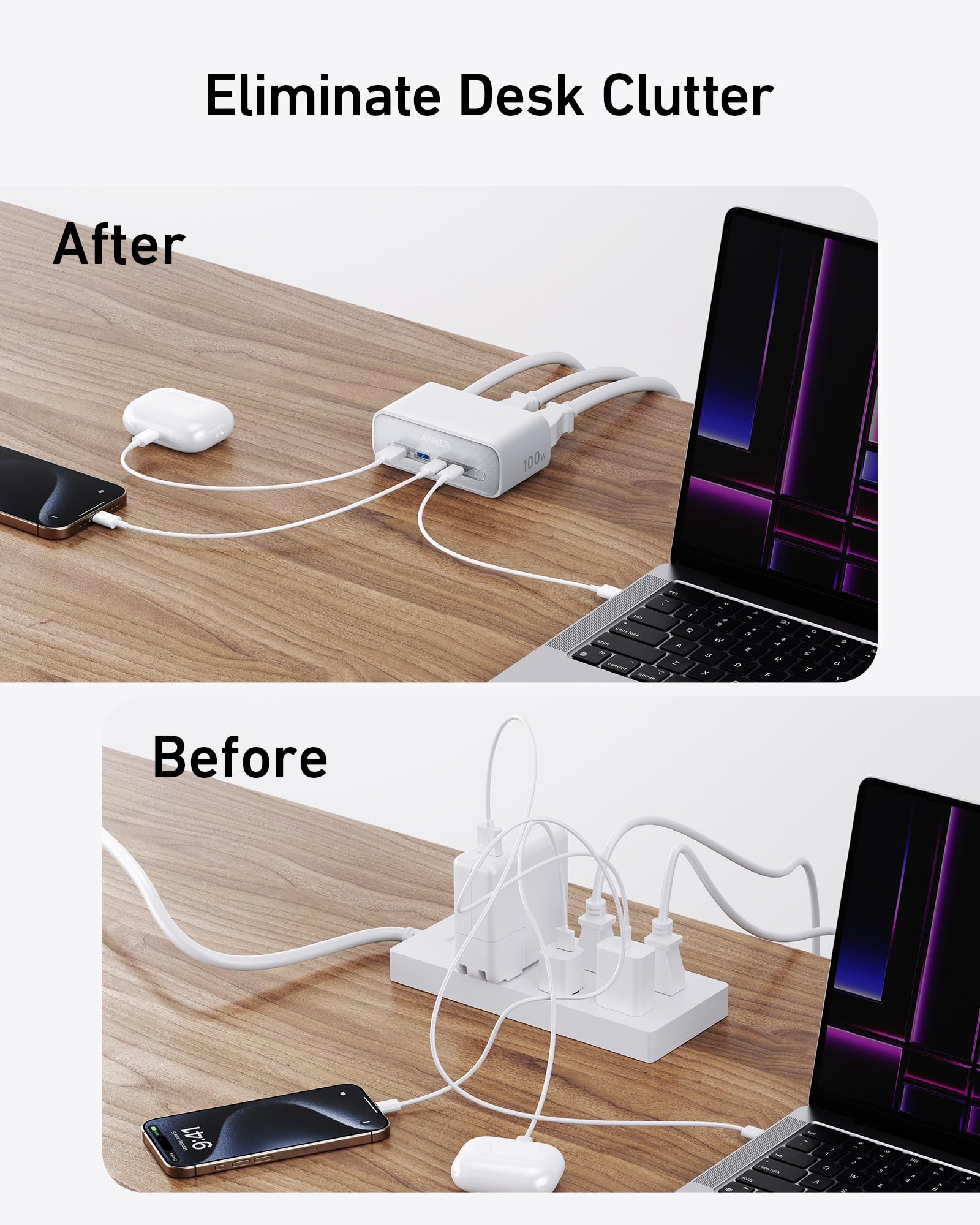 Before and after comparison of a desk with a cable organizer and multiple devices.