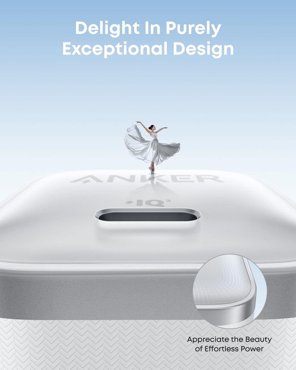 ANKER product with a dancer on top against a light blue background