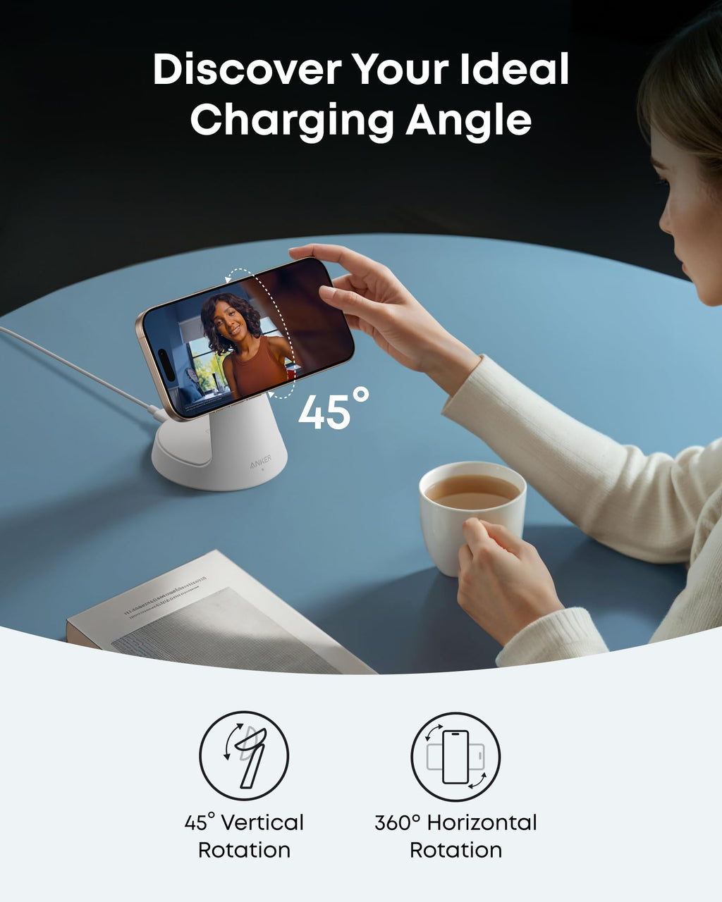 Person using a smartphone with a charging stand on a table, with text about charging angles.