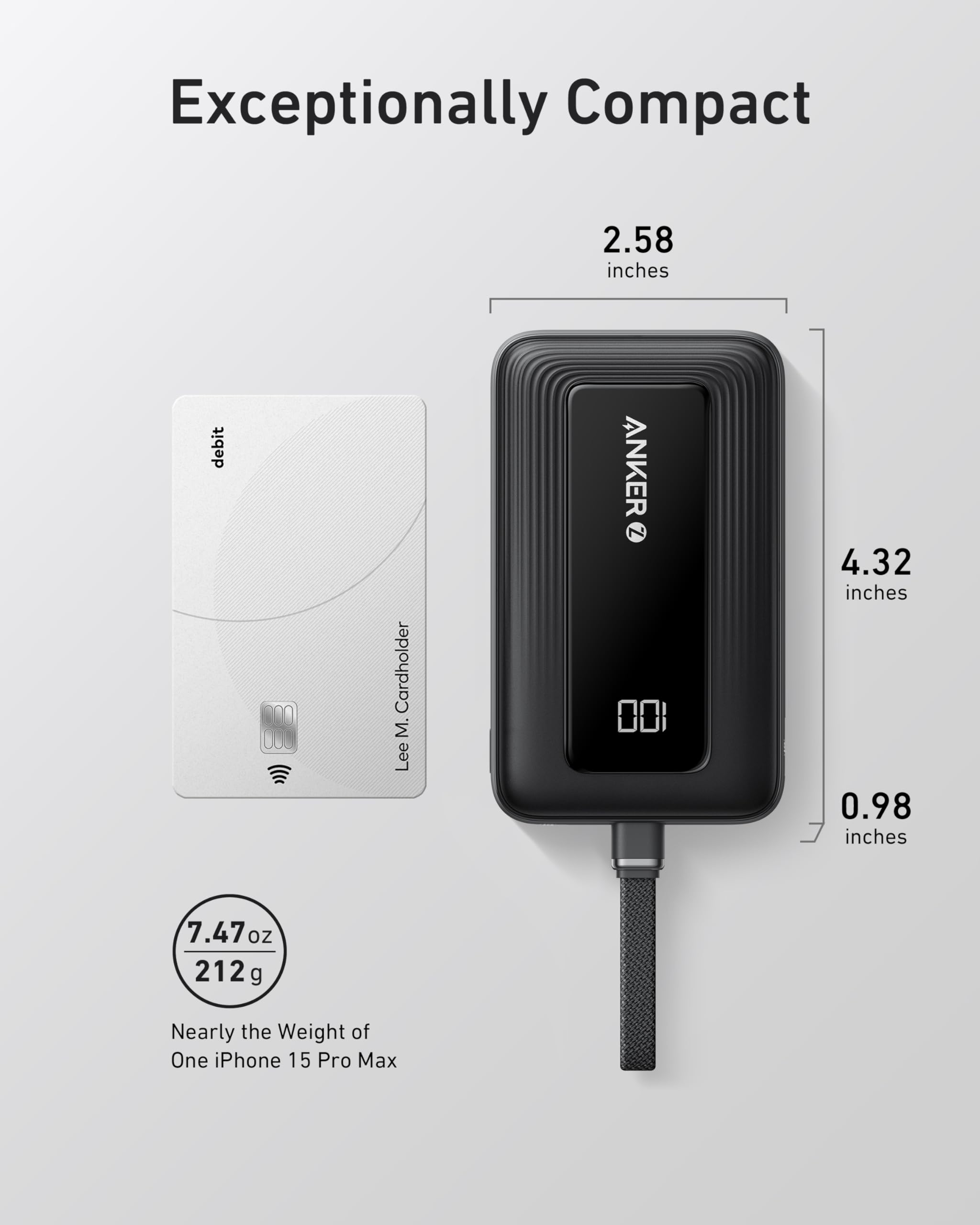 Anker power bank with dimensions and weight comparison to a credit card on a white background