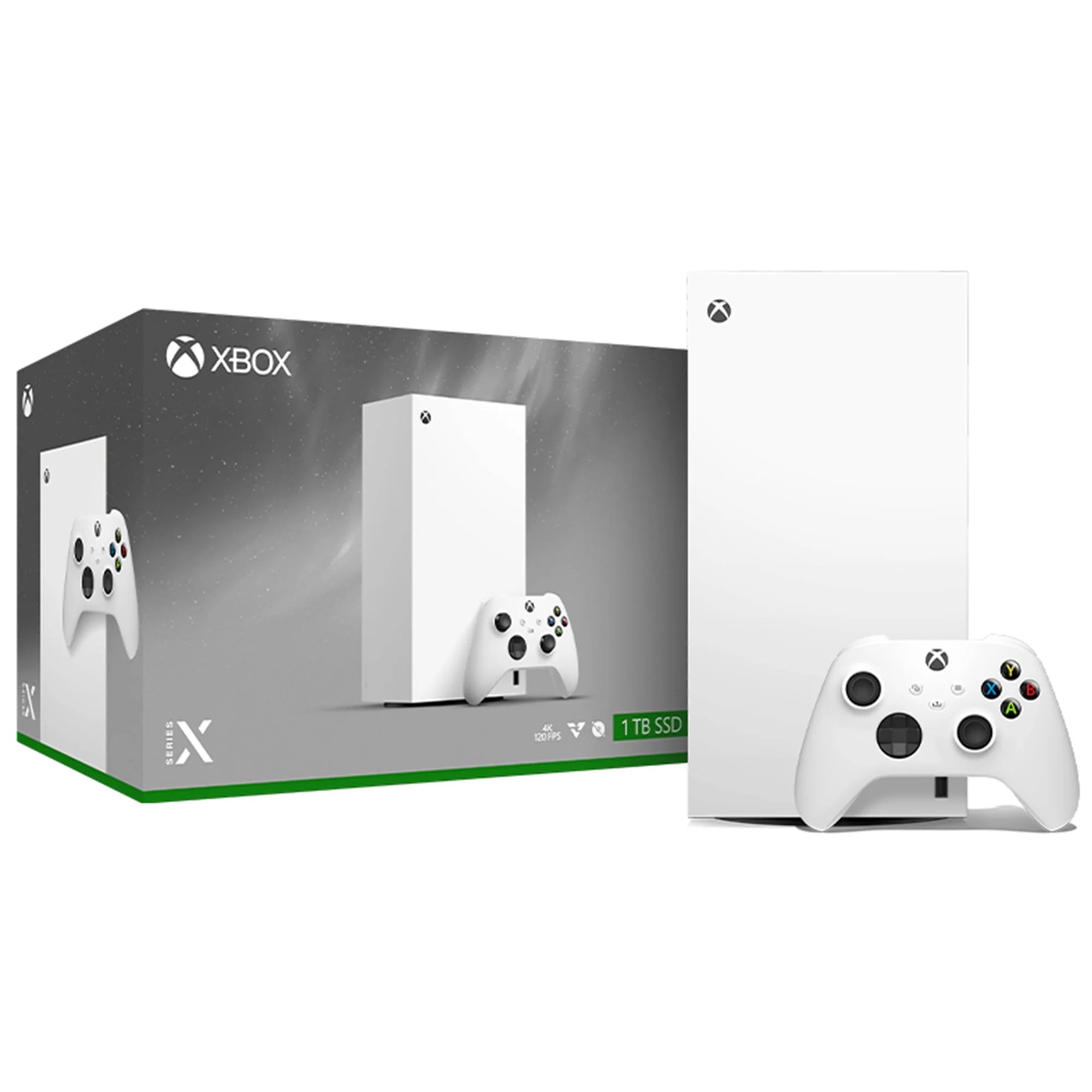 White gaming console with controller and packaging on a white background