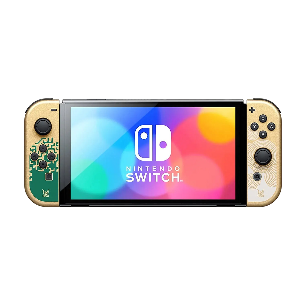 Nintendo Switch console with colorful display on a white background