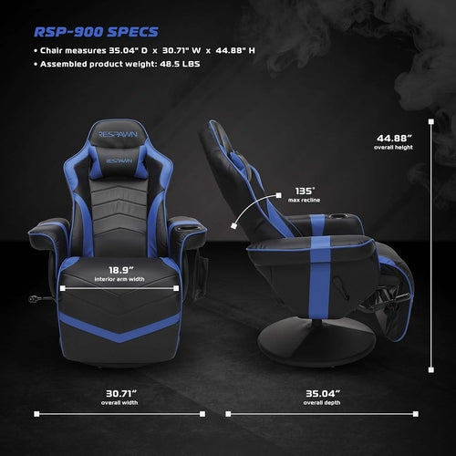 Gaming chair with blue accents and specifications on a dark background