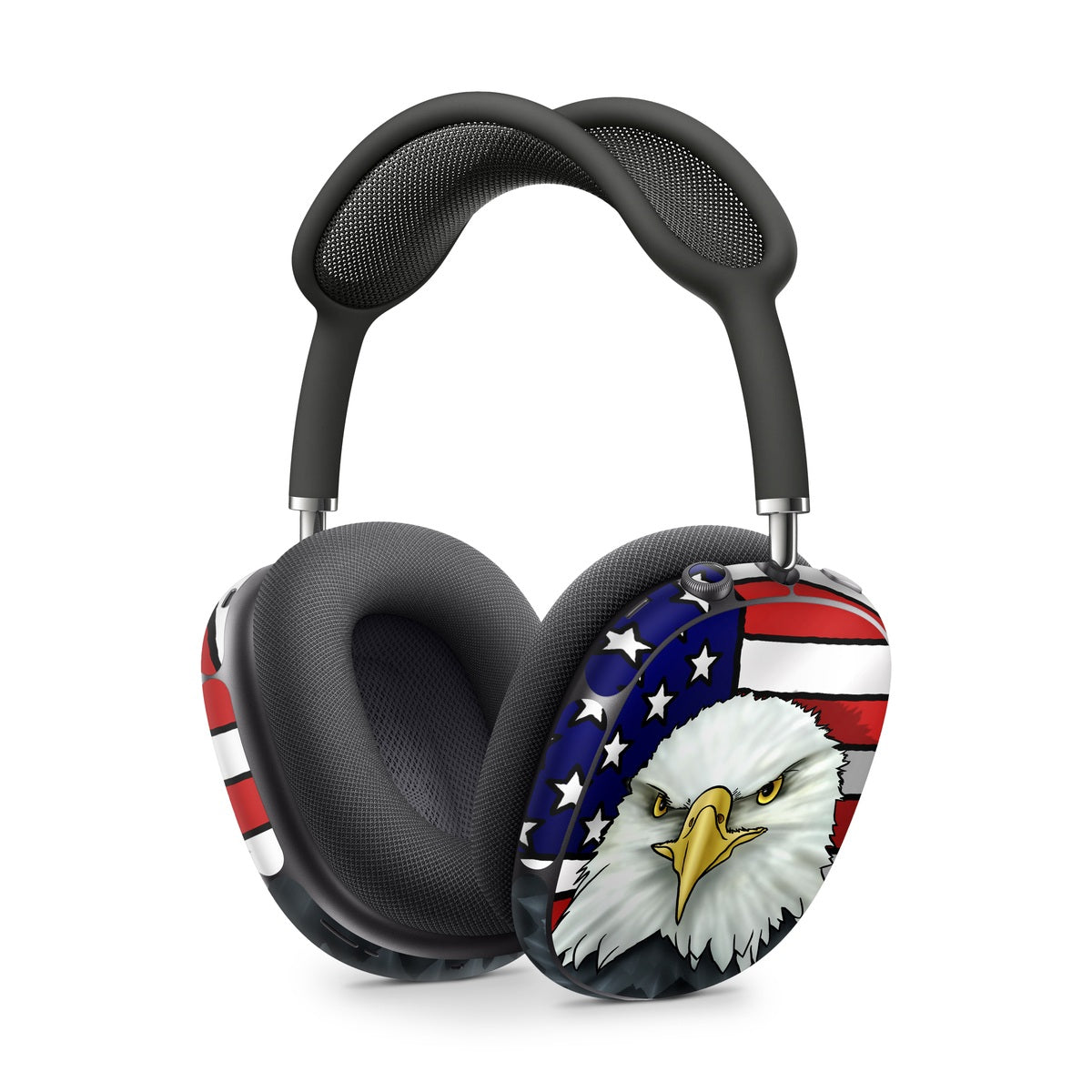 Headphones with American flag and bald eagle design on a white background