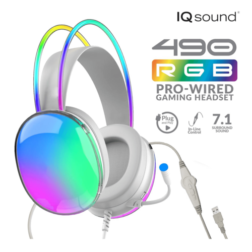 IQ Sound 490 RGB Pro-Wired Gaming Headset with colorful lighting on a white background