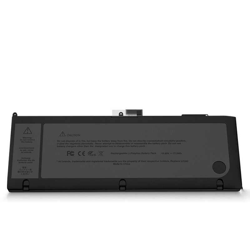 Black laptop battery with warning labels on a white background