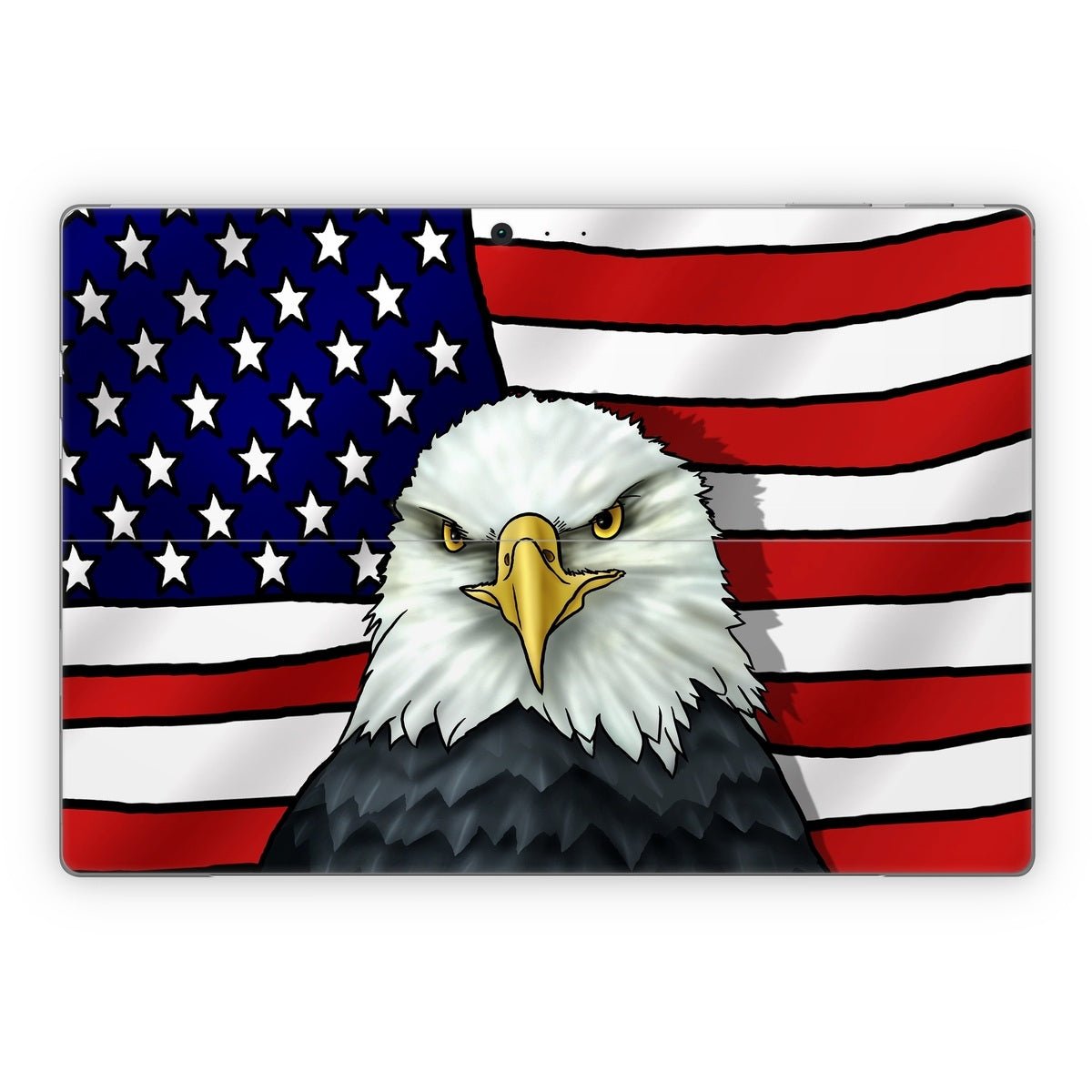 American flag with a bald eagle in front on a white background
