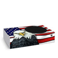 Gaming console skin with American flag and bald eagle design on a white background