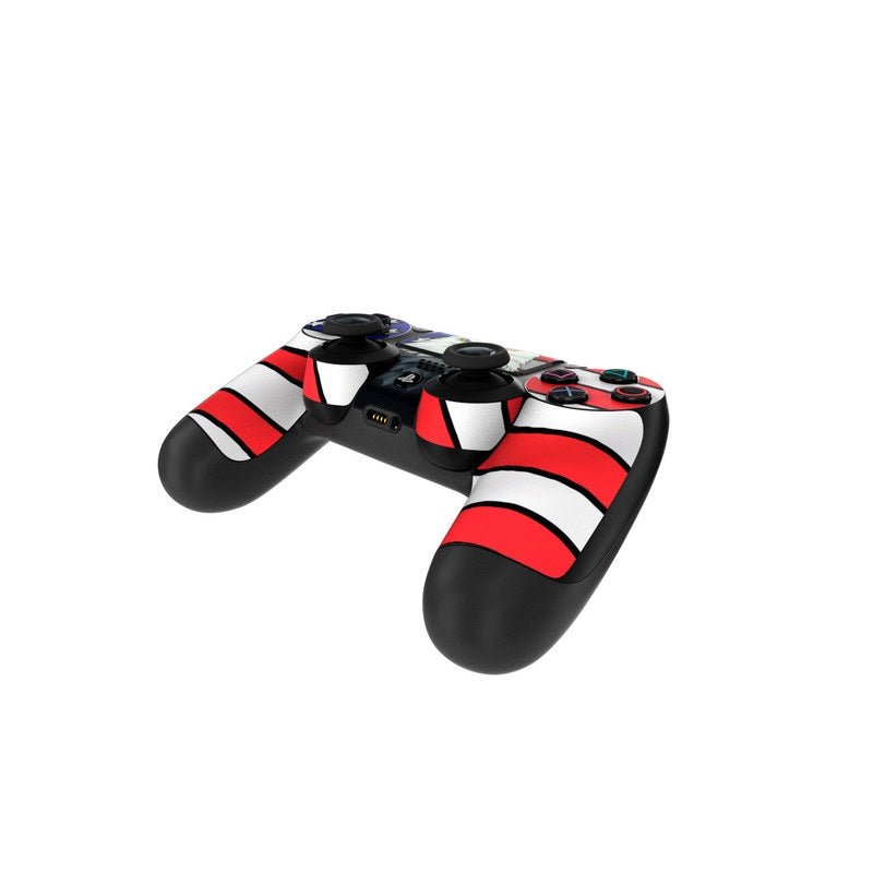 Gaming controller with red, white, and black design on a white background