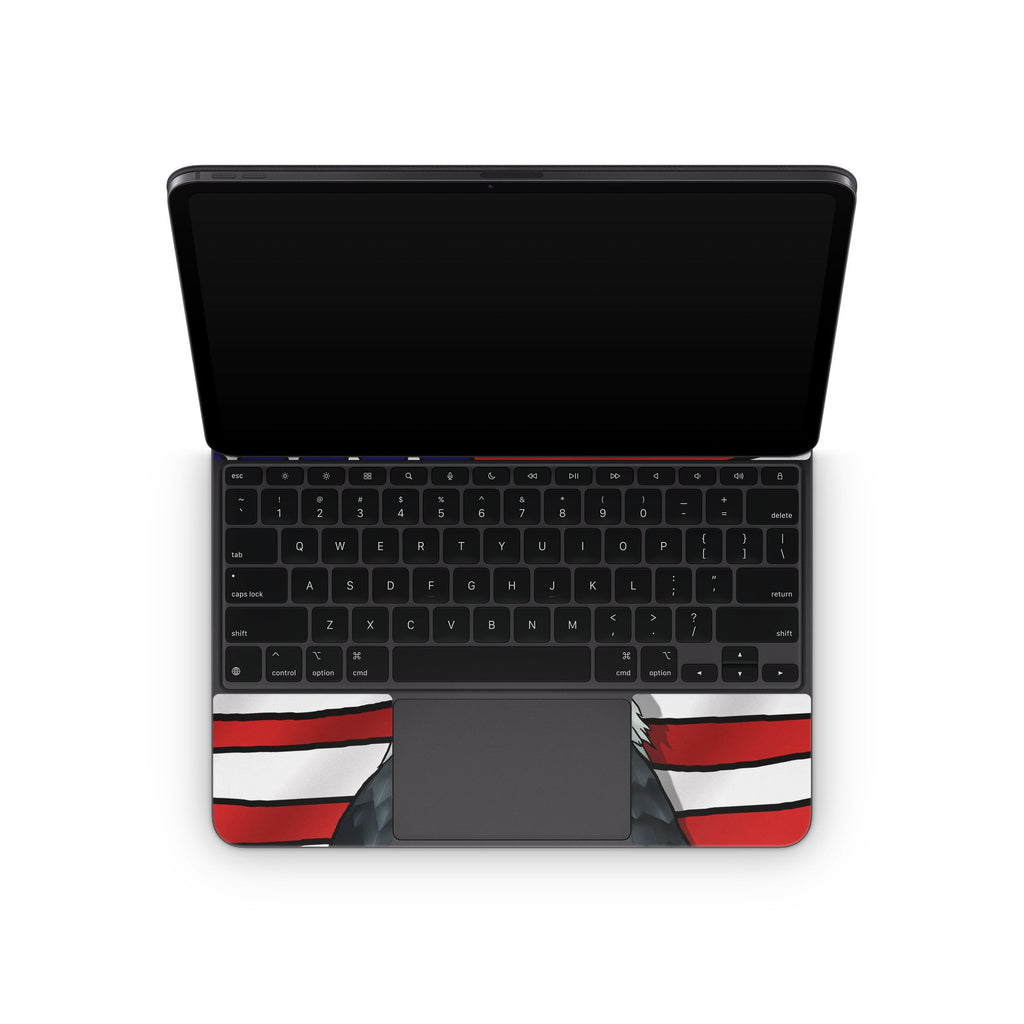 Black laptop with a red and white design on a white background