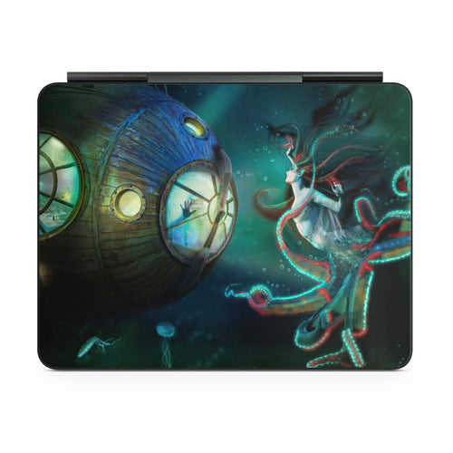 Laptop skin with a fantasy design of a girl and a large blue creature on a white background