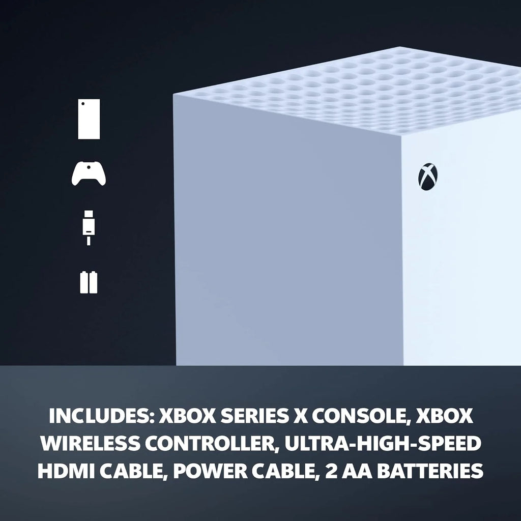 Xbox Series X console packaging with icons and product list on a dark background