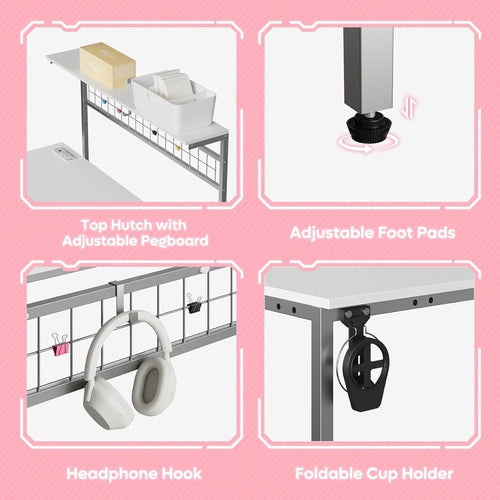 Collage of office desk features including a top hutch with pegboard, adjustable foot pads, headphone hook, and foldable cup holder on a pink background.