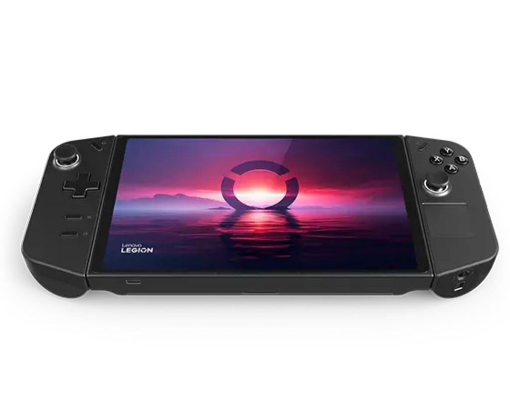 Gaming handheld device with a colorful display on a white background