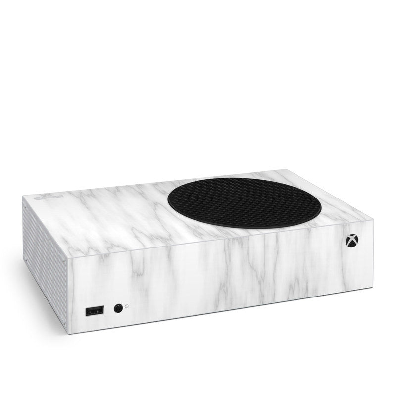 Gaming console with marble pattern skin on a white background