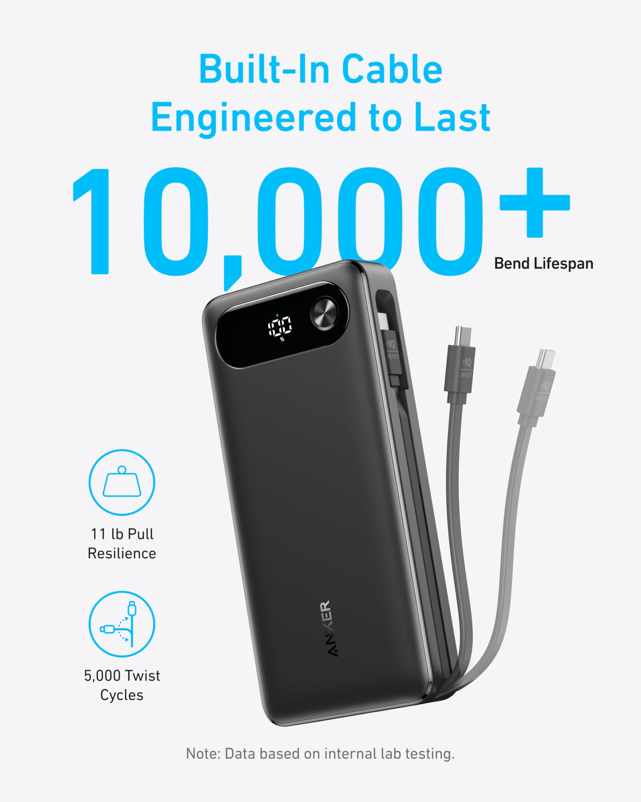 Power bank with built-in cable on a white background, featuring text about cable lifespan.