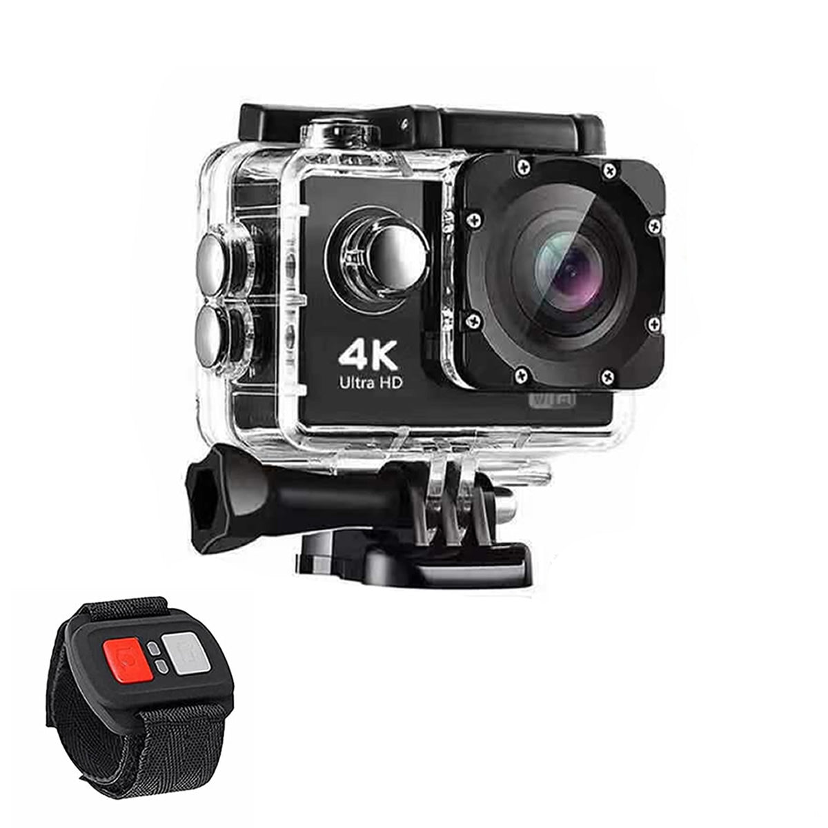 Action camera with 4K Ultra HD label on a white background