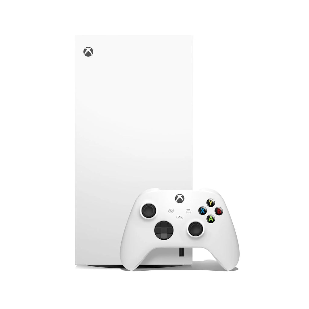 White gaming console and controller with Xbox logo on a white background