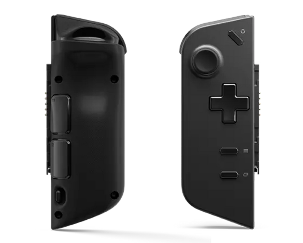 Black gaming controller on a white background