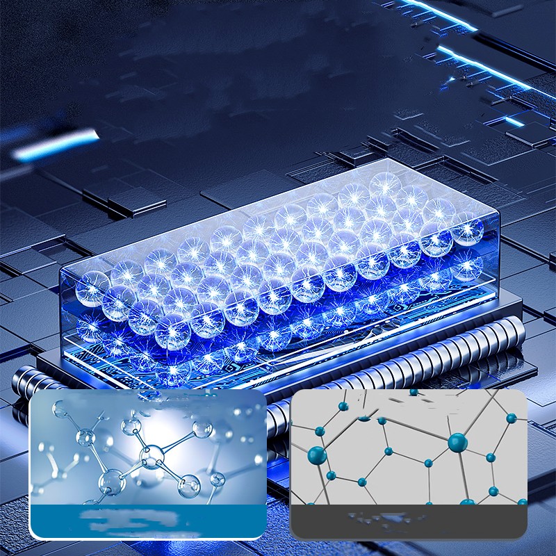 Transparent container with blue glowing spheres on a futuristic metallic background
