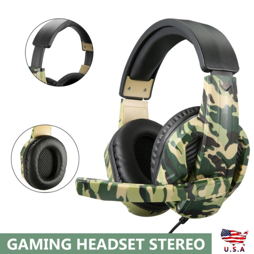 Camouflage gaming headset with close-up insets on a white background