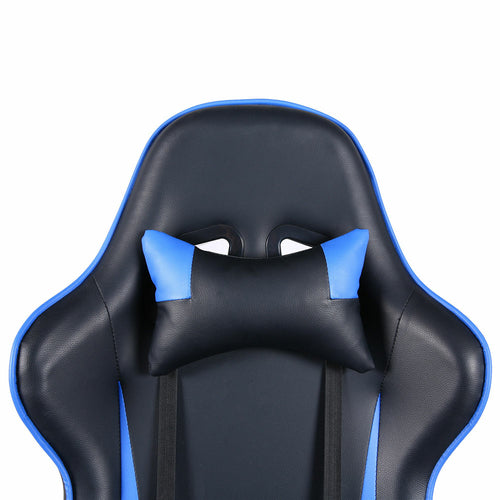 Black gaming chair with blue accents on a white background