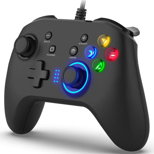 Black gaming controller with colorful buttons on a white background