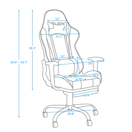 Gaming chair with dimensions labeled on a white background