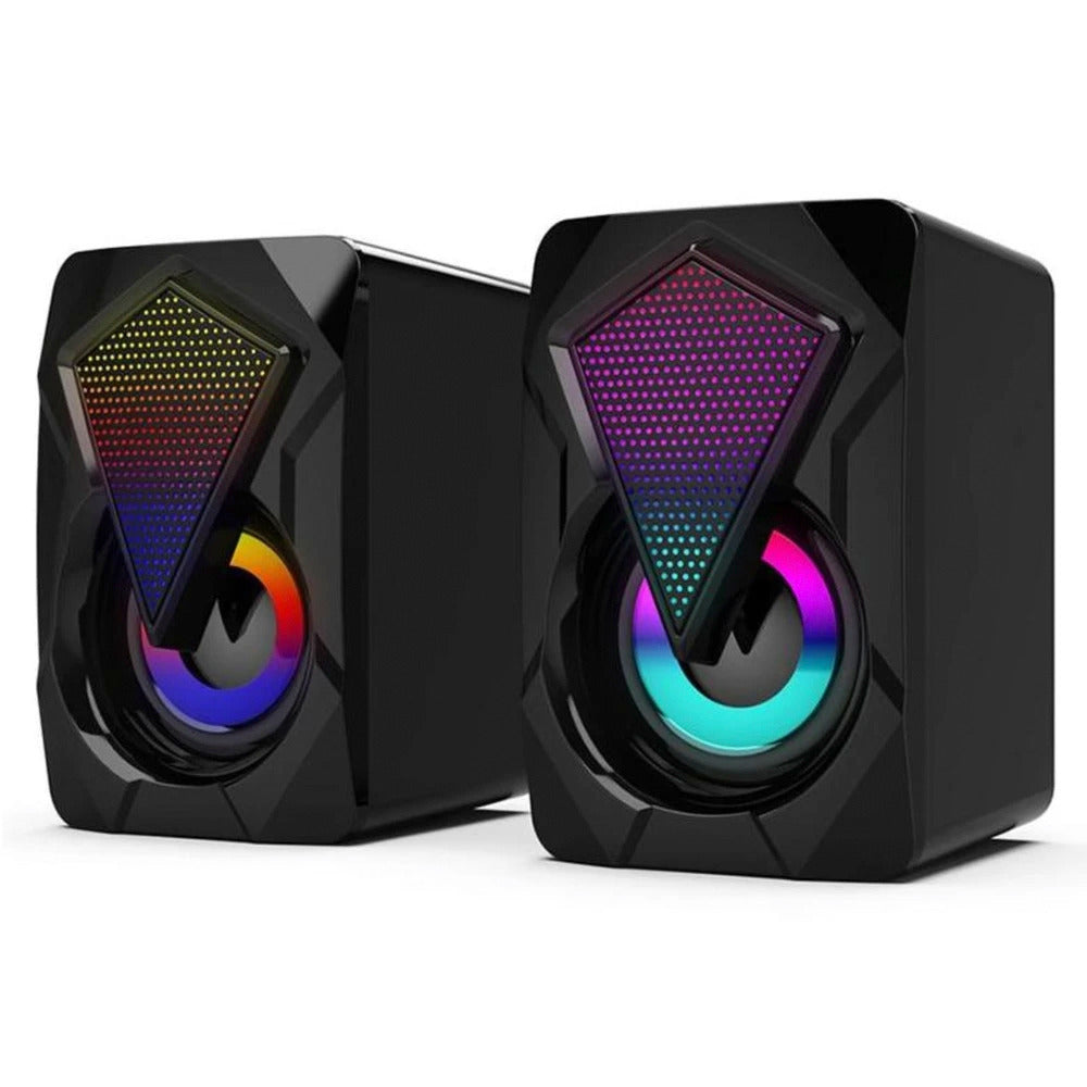 Black gaming speakers with colorful LED lights on a white background