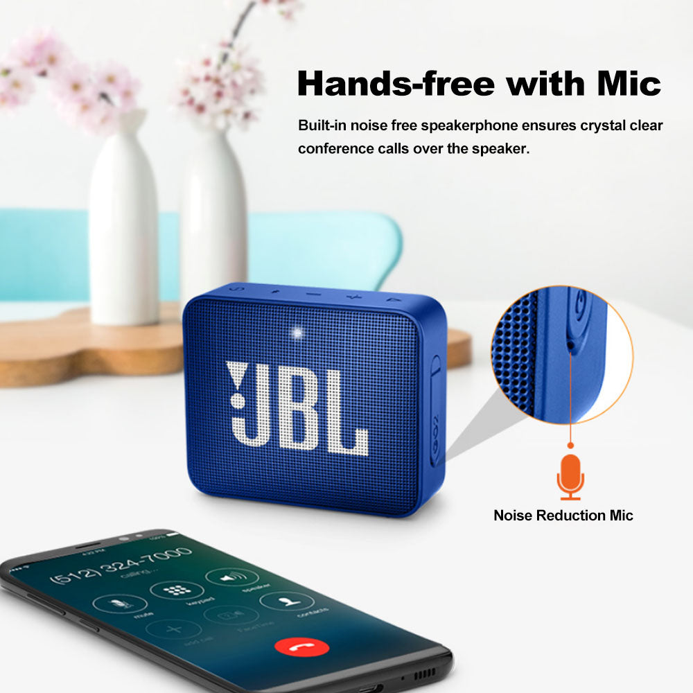 Blue JBL speaker with smartphone showing call interface on a light background