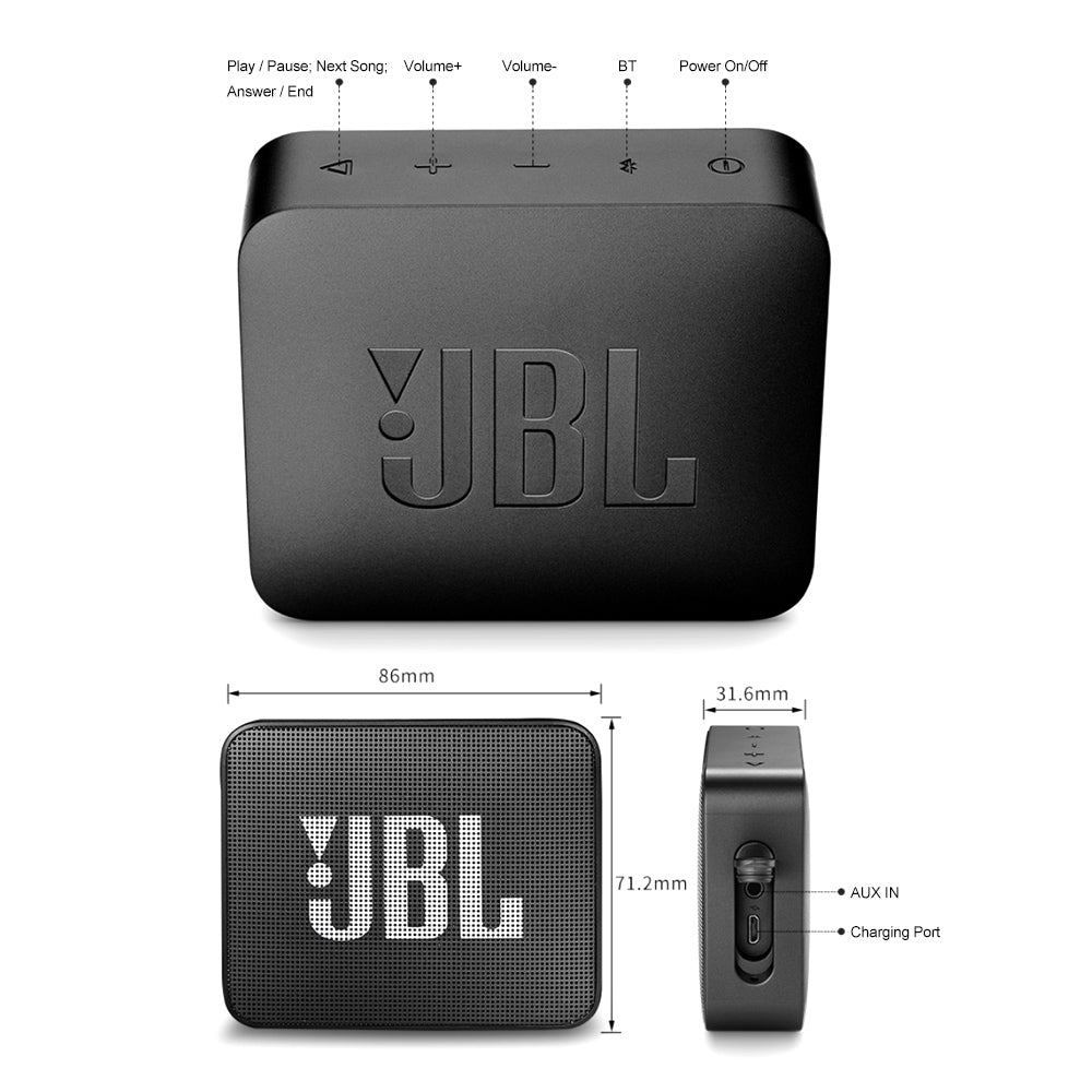 Black JBL speaker with control icons and dimensions on a white background