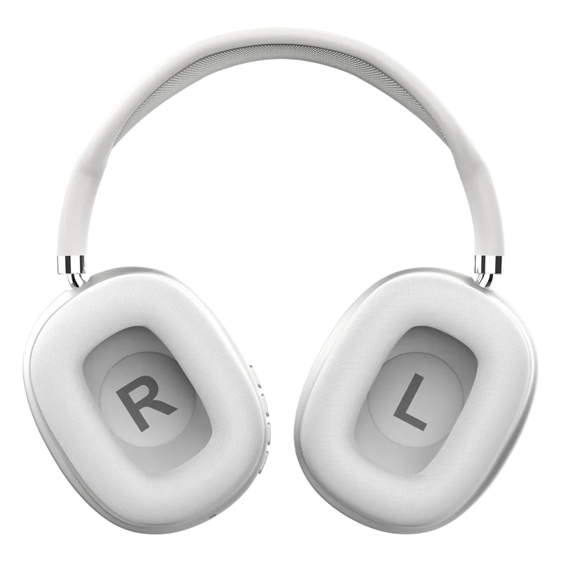White over-ear headphones with 'R' and 'L' labels on a white background