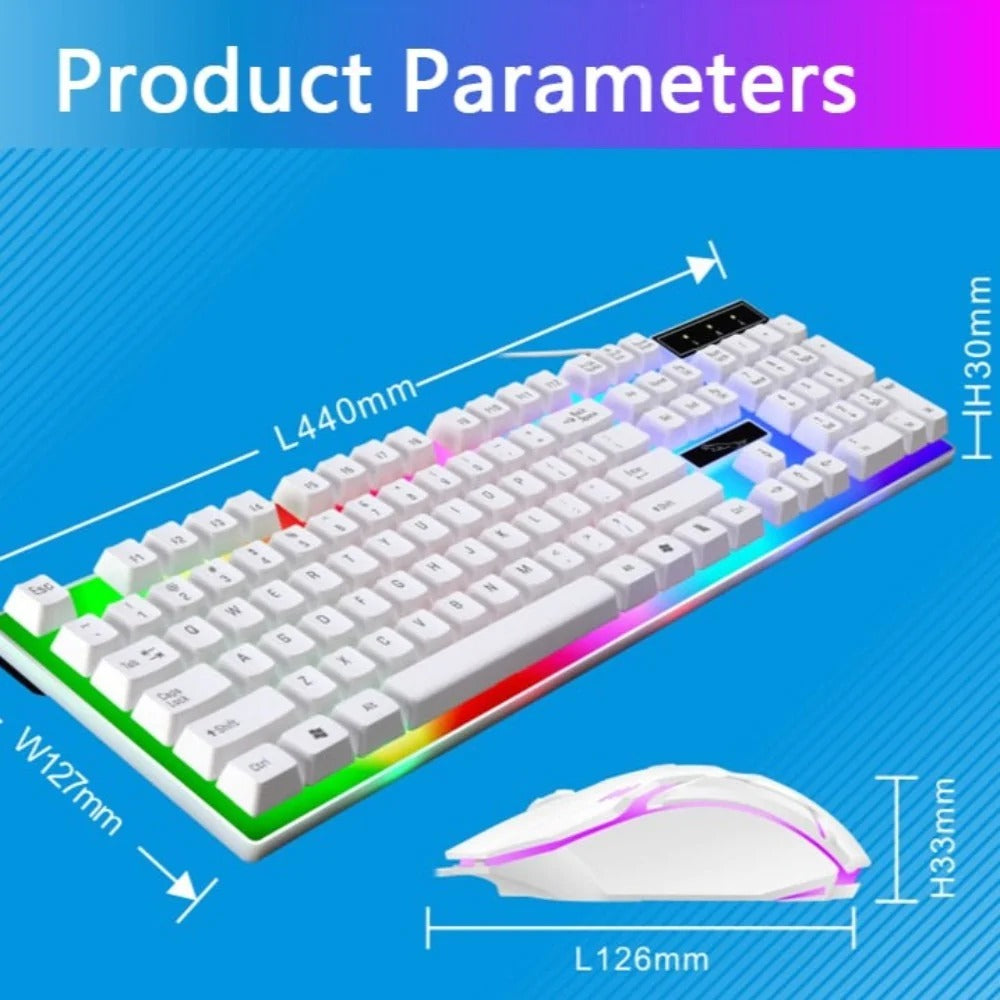 Gaming keyboard and mouse with dimensions on a blue background