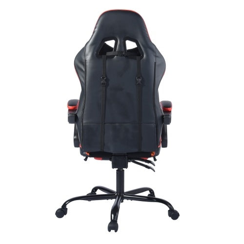 Black gaming chair with red accents on a white background