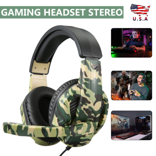 Camouflage gaming headset with USA flag icon and gaming scenarios inset.