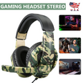 Camouflage gaming headset with USA flag icon and gaming scenarios inset.