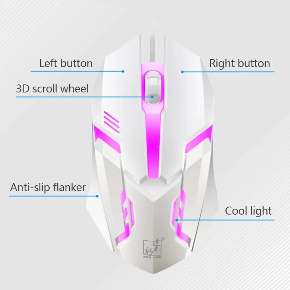 White gaming mouse with pink accents and labeled features on a light gray background