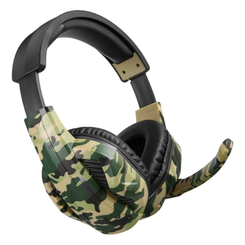 Camouflage-patterned headphones on a white background