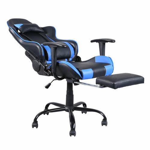 Black and blue gaming chair with footrest on a white background