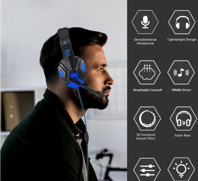 Man wearing a gaming headset with feature icons on the right