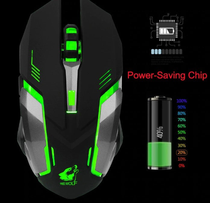 Black gaming mouse with green accents and power-saving chip illustration on a black background