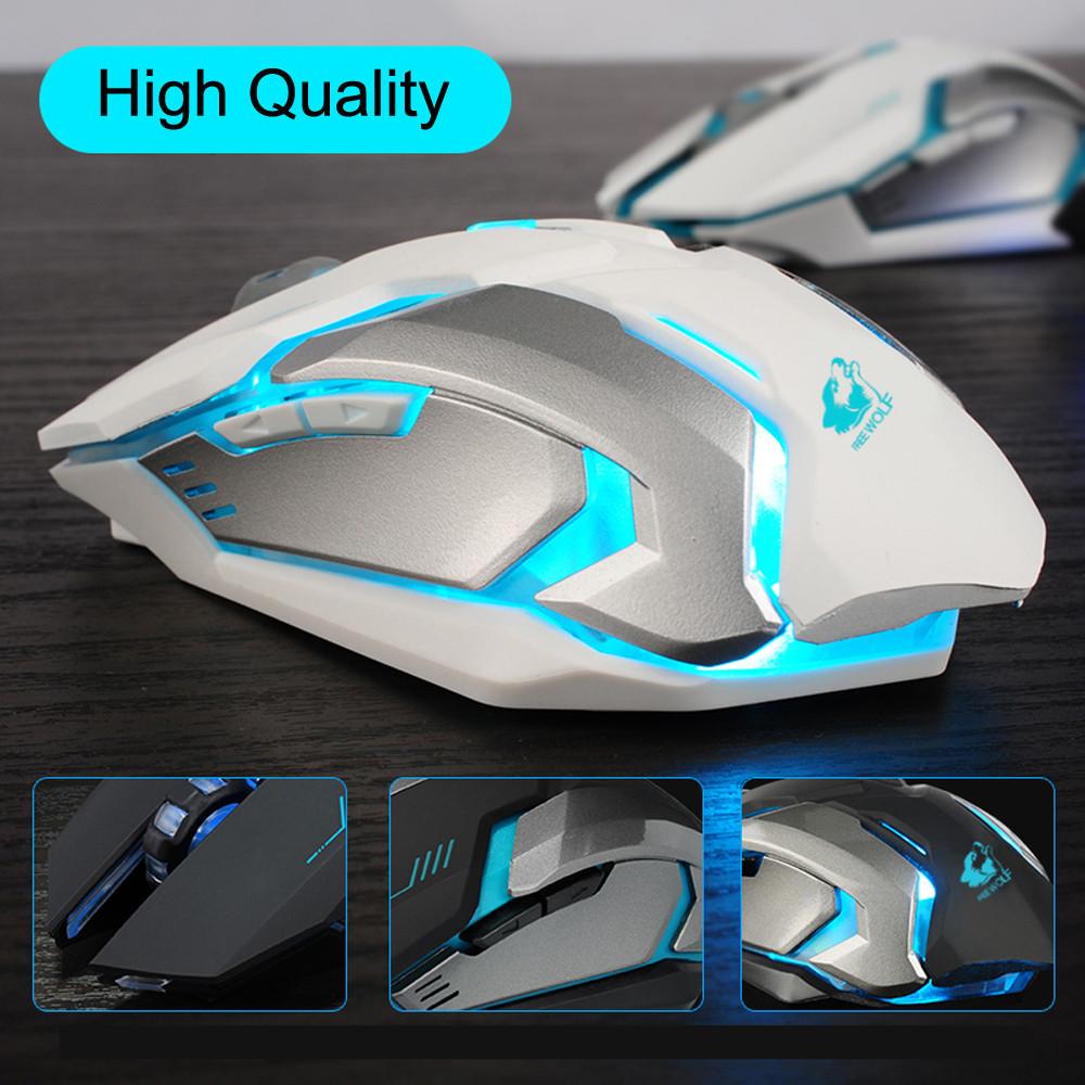 White gaming mouse with blue lighting on a dark surface, labeled 'High Quality'.