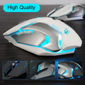 White gaming mouse with blue lighting on a dark surface, labeled 'High Quality'.
