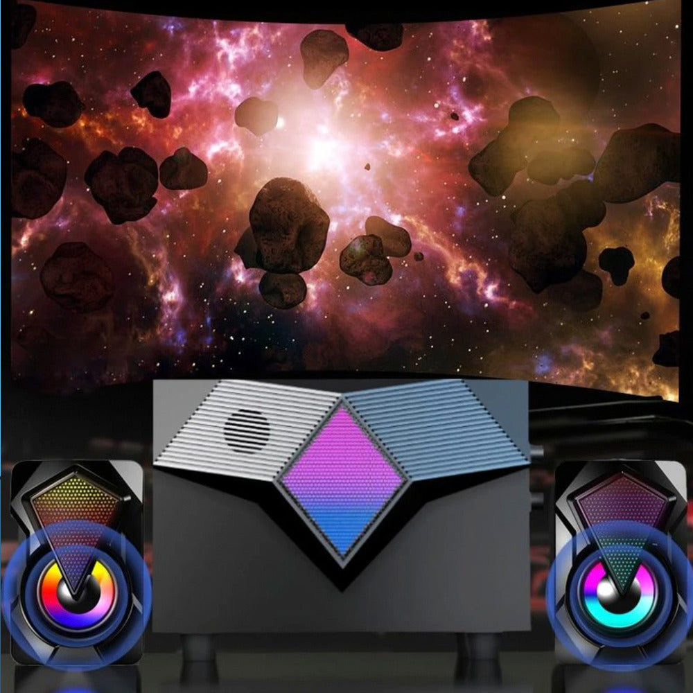 Gaming monitor with colorful speakers and space-themed wallpaper
