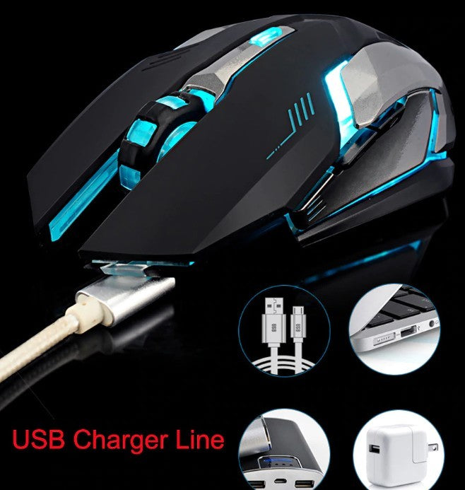 Gaming mouse with USB charging cable on a black background